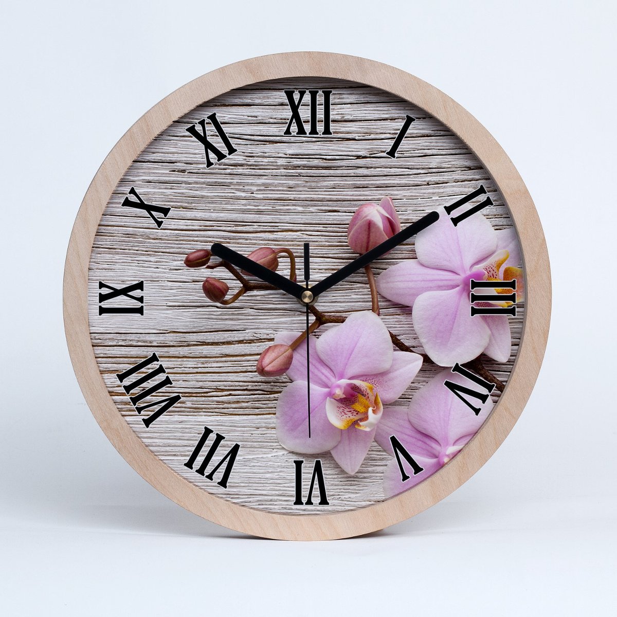 Zegar drewniany rzymski orchidea na drewnie fi 30, Tulup