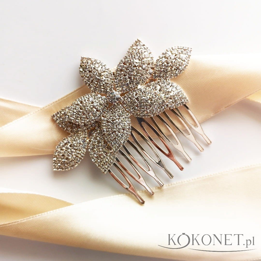 Grzebyk ślubny wysadzany cyrkoniami z motywem listków złoty