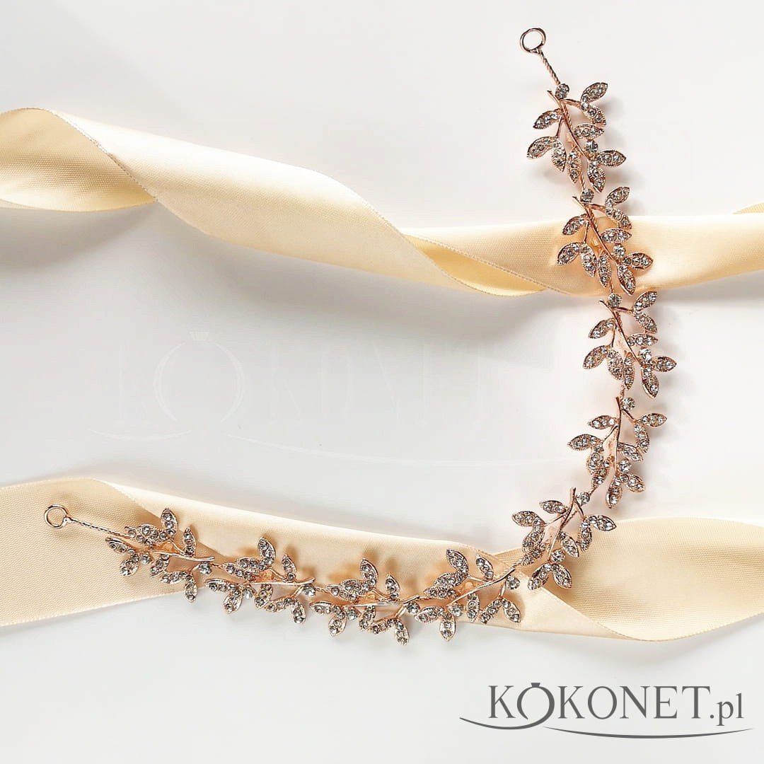 Gałązka opaska różowe złoto z listkami i cyrkoniami