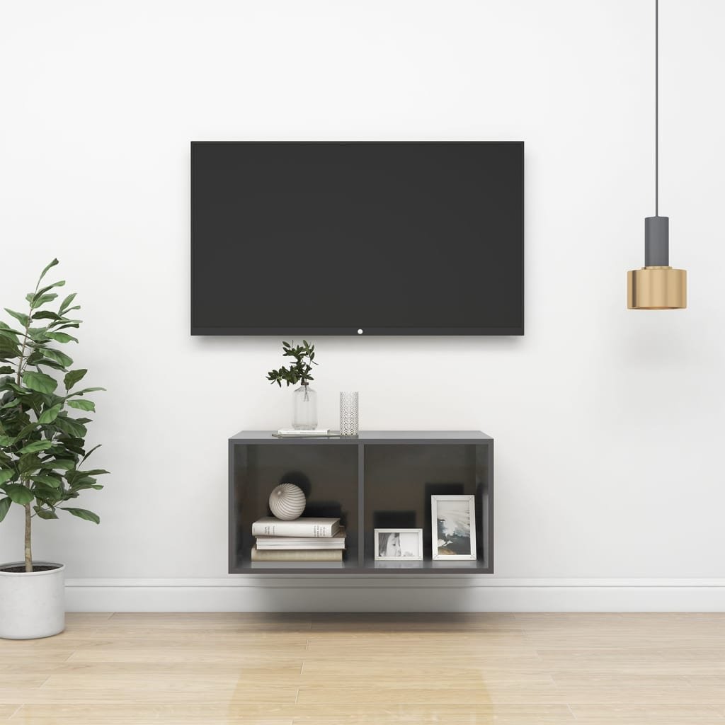 vidaXL Wisząca szafka pod TV, wysoki połysk, szara, 37x37x72 cm