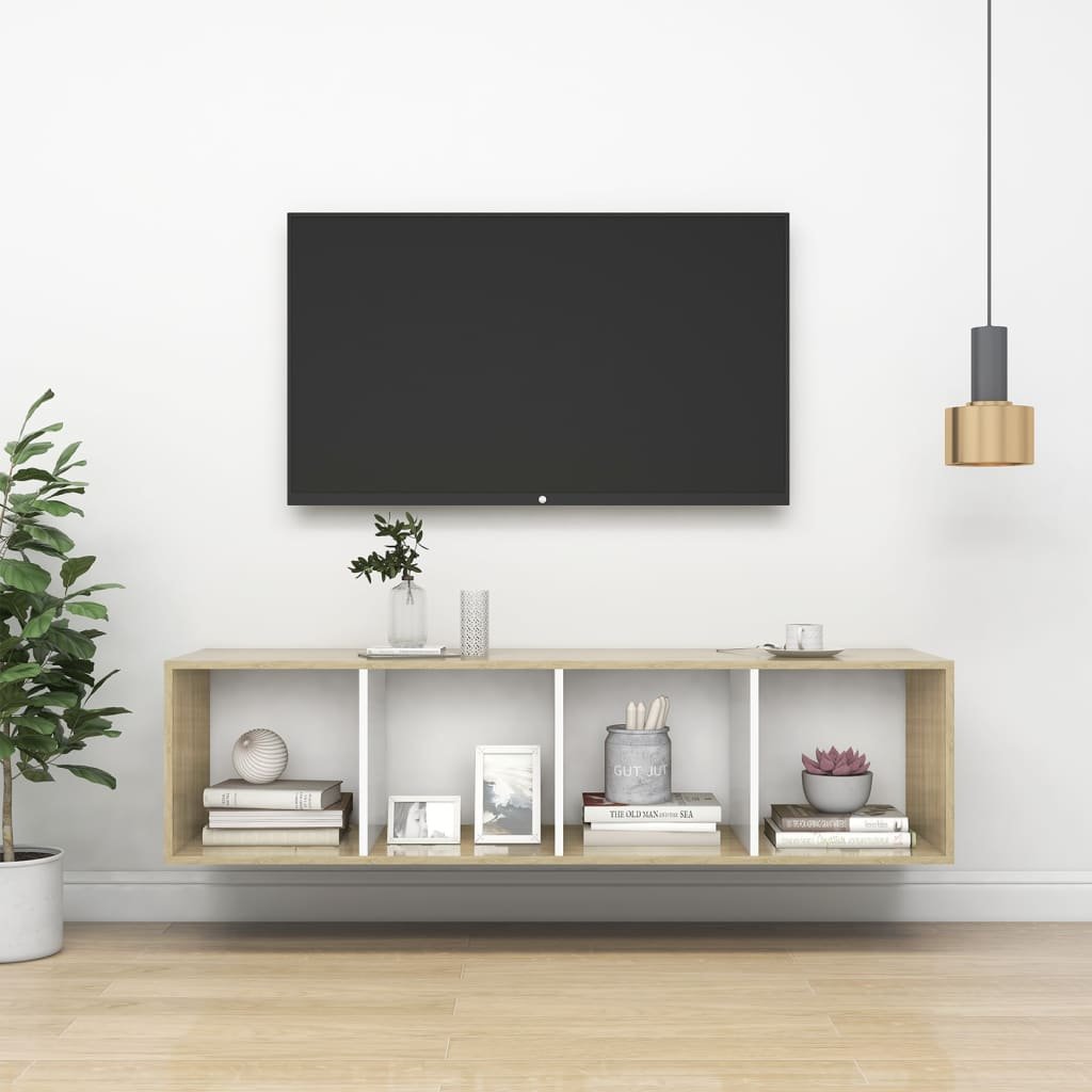 vidaXL Wisząca szafka TV dąb sonoma i biel 37x37x142,5 cm płyta 805494