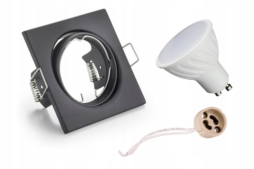 Zestaw oprawa kwadratowa czarna  + GU10 8W ciepła + gniazdo przyłączeniowe GU10
