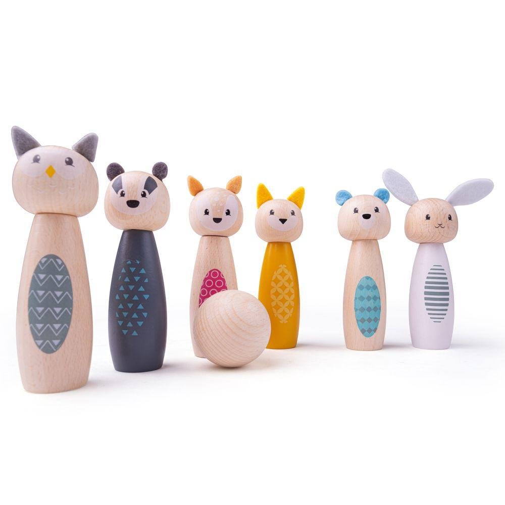 Bigjigs Toys Kręgle dla dziecka drewniane 2+ Zwierzęta leśne