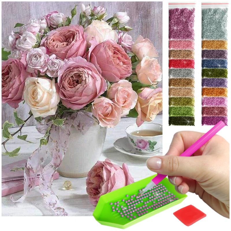 Haft Diamentowy ARTULIO, Obraz DIY 5D, Diamond Painting, Mozaika diamentowa 30x40cm (Bukiet pudrowych róż) + zestaw akcesoriów
