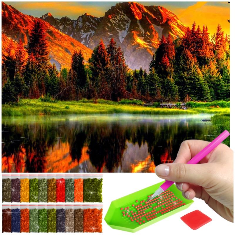 Haft Diamentowy ARTULIO, Obraz DIY 5D, Diamond Painting, Mozaika diamentowa 30x40cm (Jesienny zachód słońca w górach) + zestaw akcesoriów