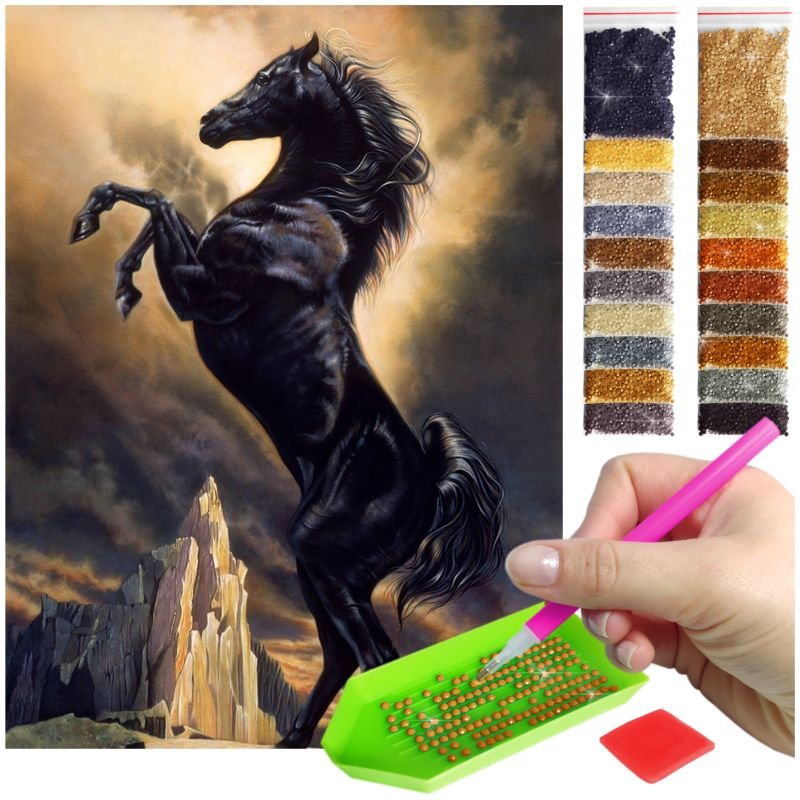 Haft Diamentowy ARTULIO, Obraz DIY 5D, Diamond Painting, Mozaika diamentowa 30x40cm (Czarny rumak w dumnej pozie) + zestaw akcesoriów