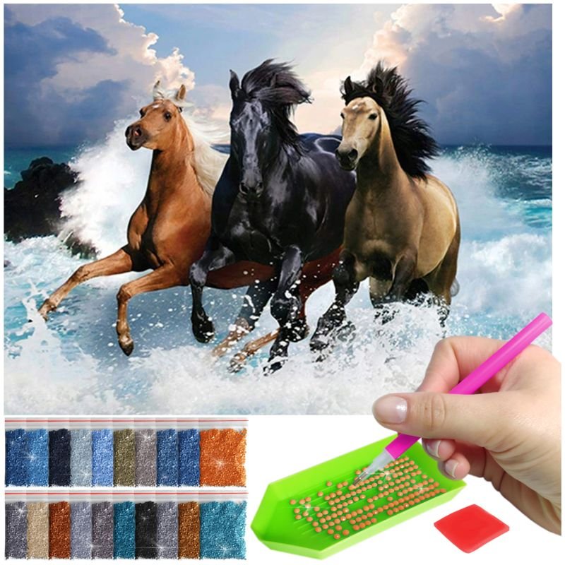 Haft Diamentowy ARTULIO, Obraz DIY 5D, Diamond Painting, Mozaika diamentowa 30x40cm (Konie galopujące przez wzburzone morze) + zestaw akcesoriów