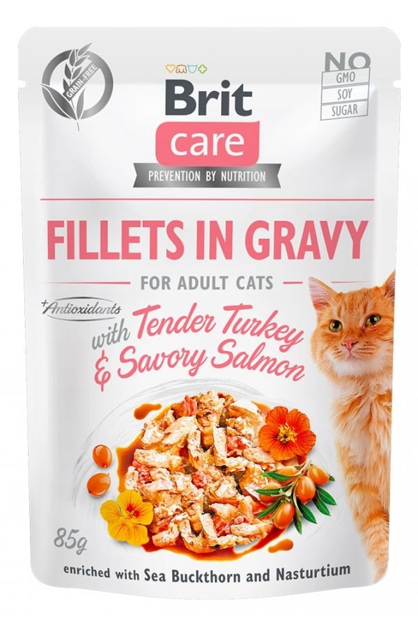 Brit Care Cat Fillets in gravy 85 g filety indyka i łososia w sosie