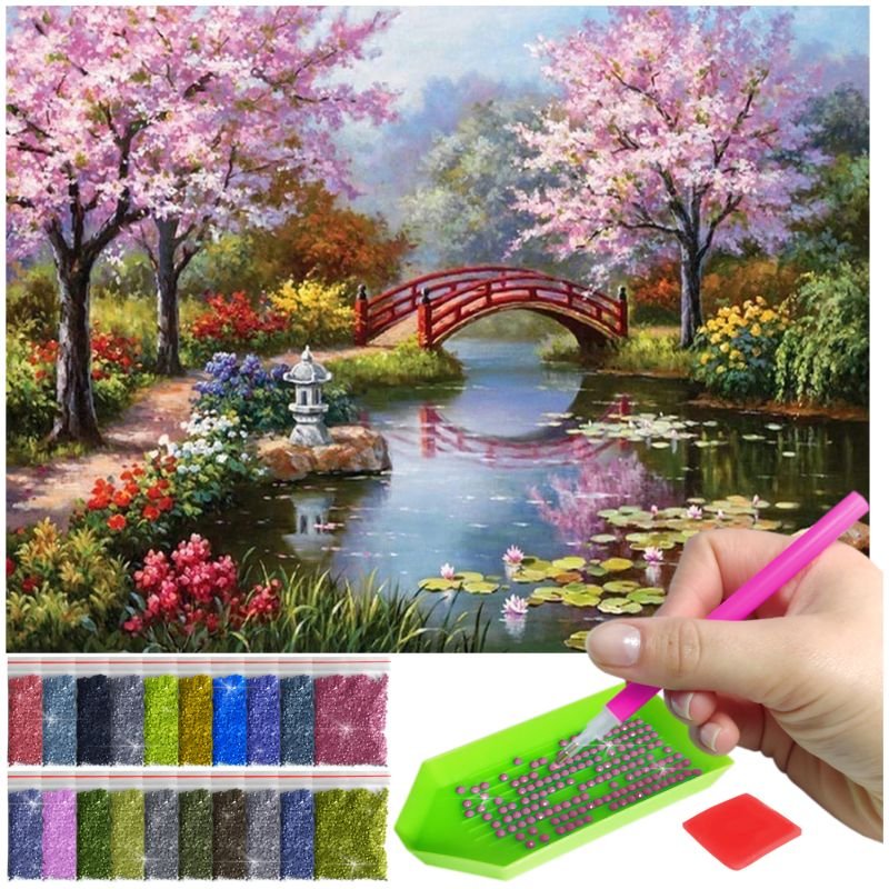 Haft Diamentowy ARTULIO, Obraz DIY 5D, Diamond Painting, Mozaika diamentowa 30x40cm (Mostek otoczony kwitnącą roślinnością / Krajobraz) + zestaw akc..
