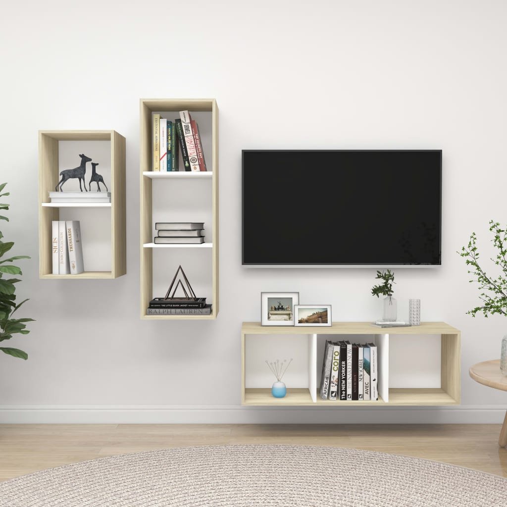 vidaXL Zestaw 3 szafek TV, biel i dąb sonoma, płyta wiórowa