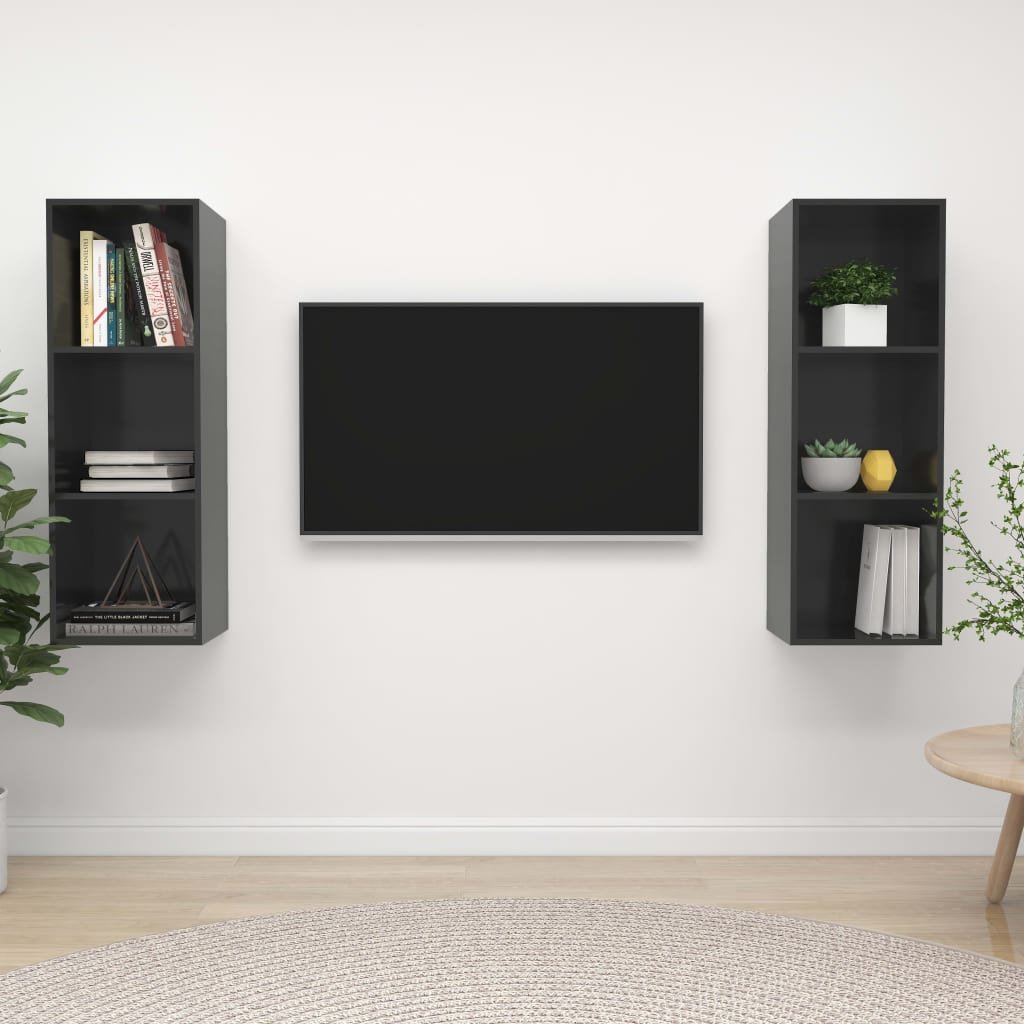 vidaXL Wiszące szafki TV, 2 szt., wysoki połysk, szare, płyta wiórowa