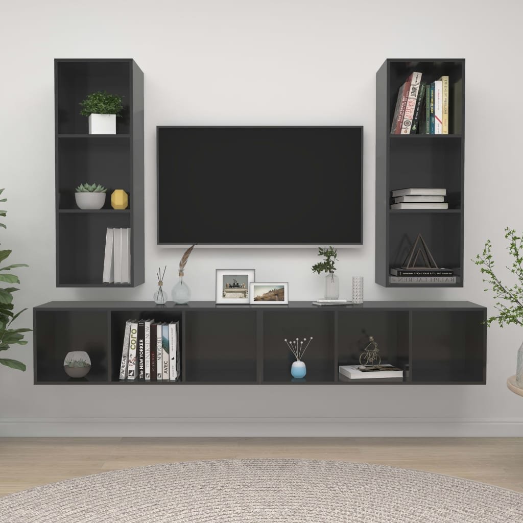 vidaXL Wiszące szafki TV, 4 szt., wysoki połysk, szare, płyta wiórowa