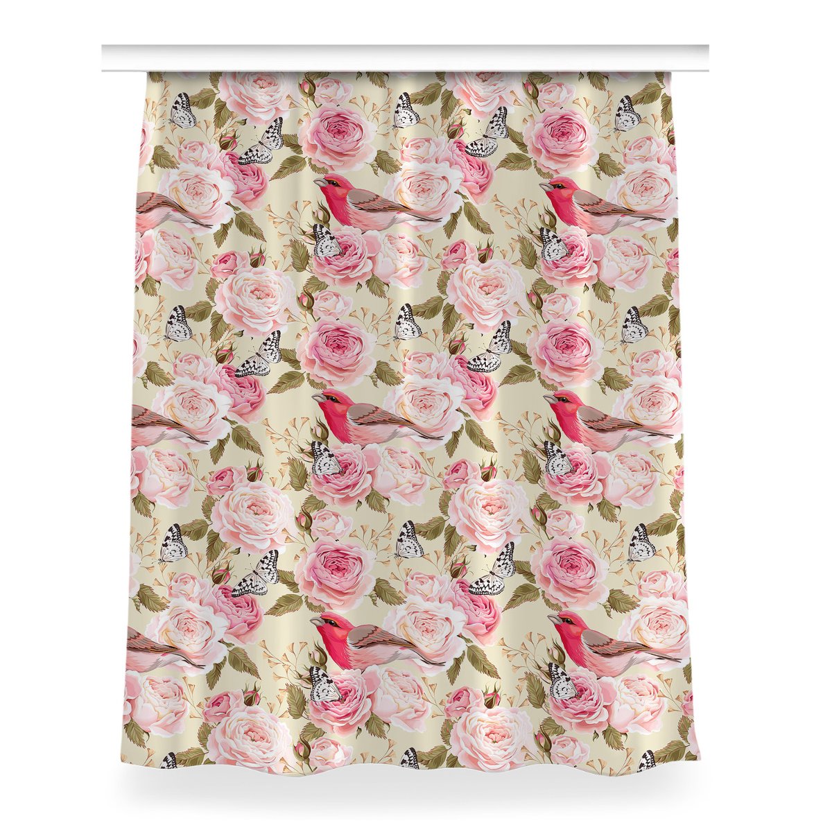 Gotowa zasłona wzór 150x200 cm Ptaki kwiaty motyle, Fabricsy