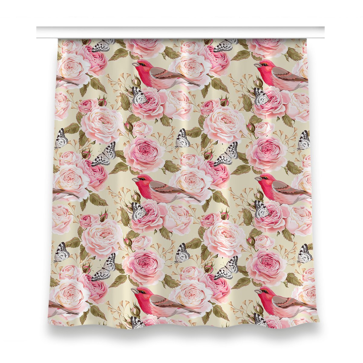 Gotowa zasłona wzór 150x160 cm Ptaki kwiaty motyle, Fabricsy