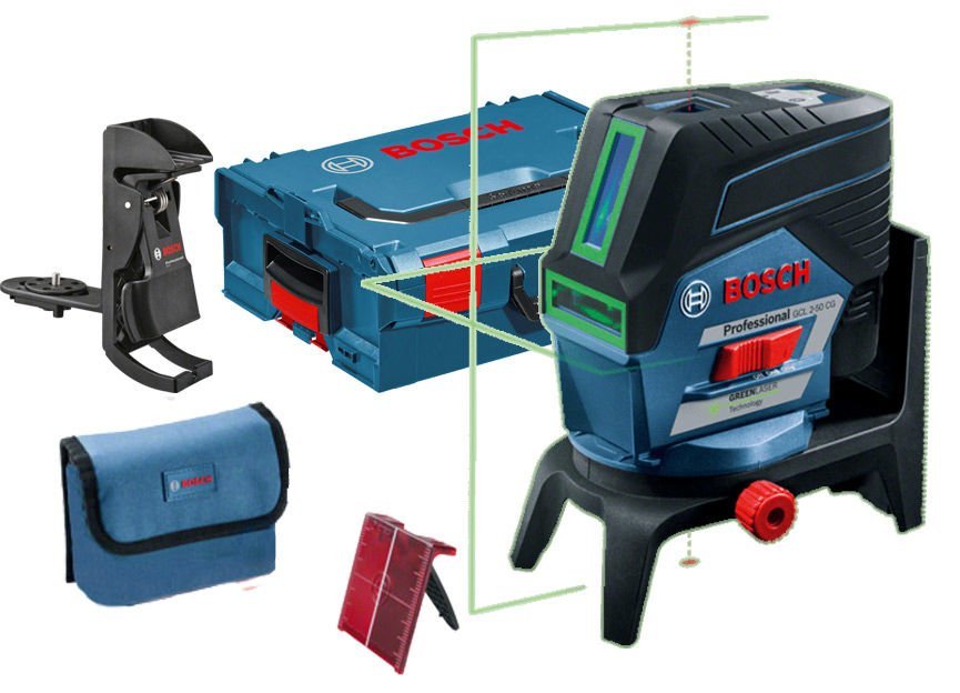 Laser liniowo-punktowy samopoziomujący z wiązką zieloną Bosch Professional GCL 2-50 CG + RM2 + BM 3 + L-BOXX 136 body