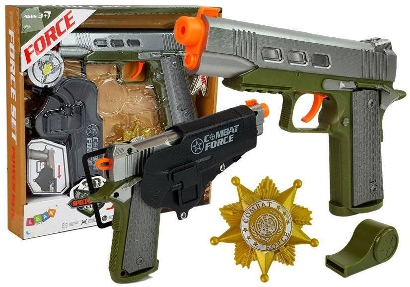 Import LEANToys Zestaw Policyjny Pistolet 20cm Odznaka Gwizdek Kabura Efekty Świetlne Dźwięk LT-7869-0