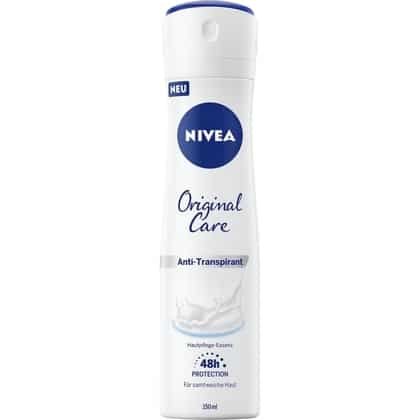 NIVEA Original Care 84168-01000-30 antyperspirant w sprayu (150 ml), dezodorant z esencją do pielęgnacji skóry i łagodnym zapachem, skuteczna ochrona 48h