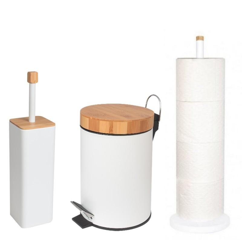 Zestaw łazienkowy 3-elementowy - kosz na śmieci, szczotka WC i stojak na papier - biały bambus - Yoka