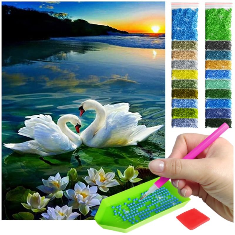 Haft Diamentowy ARTULIO, Obraz DIY 5D, Diamond Painting, Mozaika diamentowa 30x40cm (Para łabędzi na tle zachodu słońca) + zestaw akcesoriów