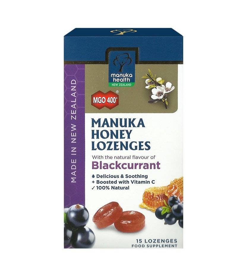 Manuka Health New Zealand HEALTH Cukierki z miodem 400MGO i witaminą C o s maku czarnej porzeczki 15szt. (65g) - Health