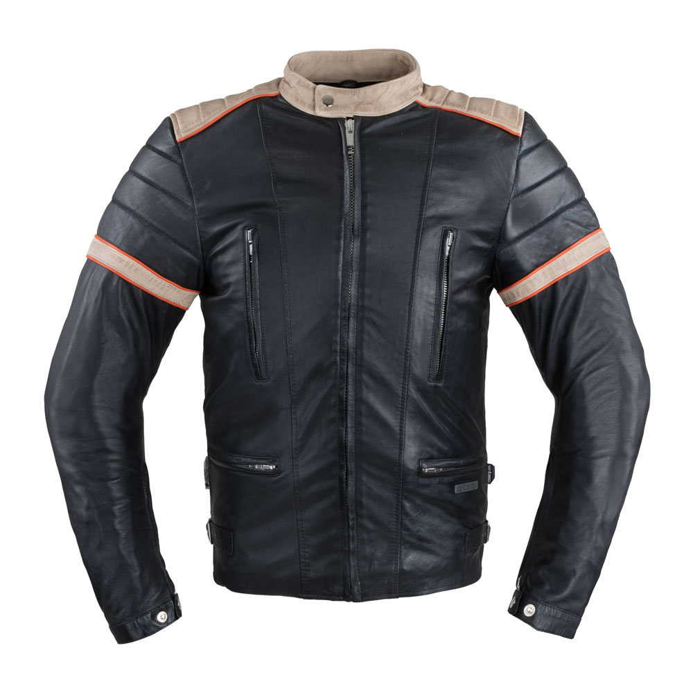 W-TEC Męska skórzana kurtka motocyklowa W-TEC Hellsto, czarny z beżowo-pomarańczowym paskiem, 4XL 22816-4XL