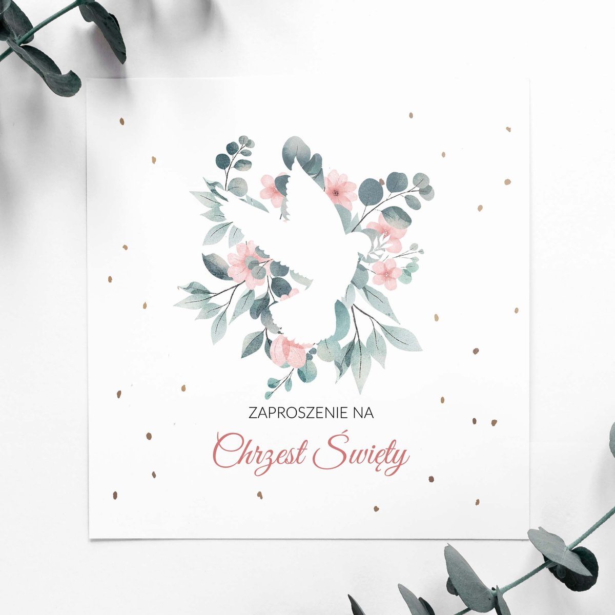 Zaproszenia na Chrzest Święty kwiatowe z gołębiem - White Dove - 5 sztuk