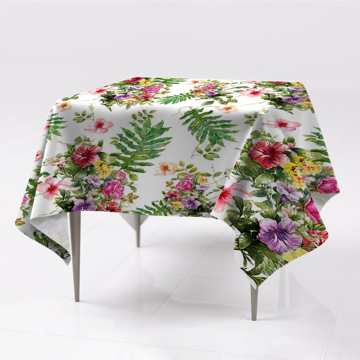 Ozdobny gładki obrus na stół Liście i kwiaty wzory, Fabricsy, 150x150 cm