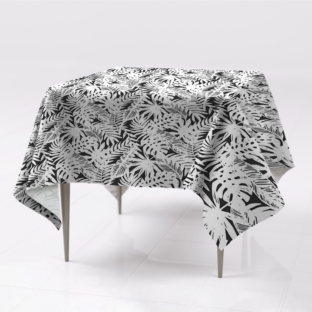 Ozdobny różne obrusy na stół Czarno-białe liście, Fabricsy, 150x150 cm
