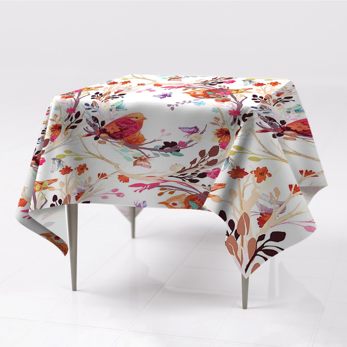 Do pokoju obrus na stół kolory Ptaki na gałęzi eko, Fabricsy, 150x150 cm