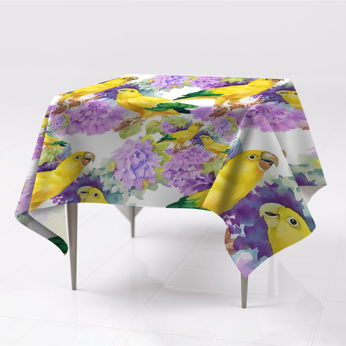 Obrusy na stół gładkie nadruk Żółte papugi 150x150, Fabricsy