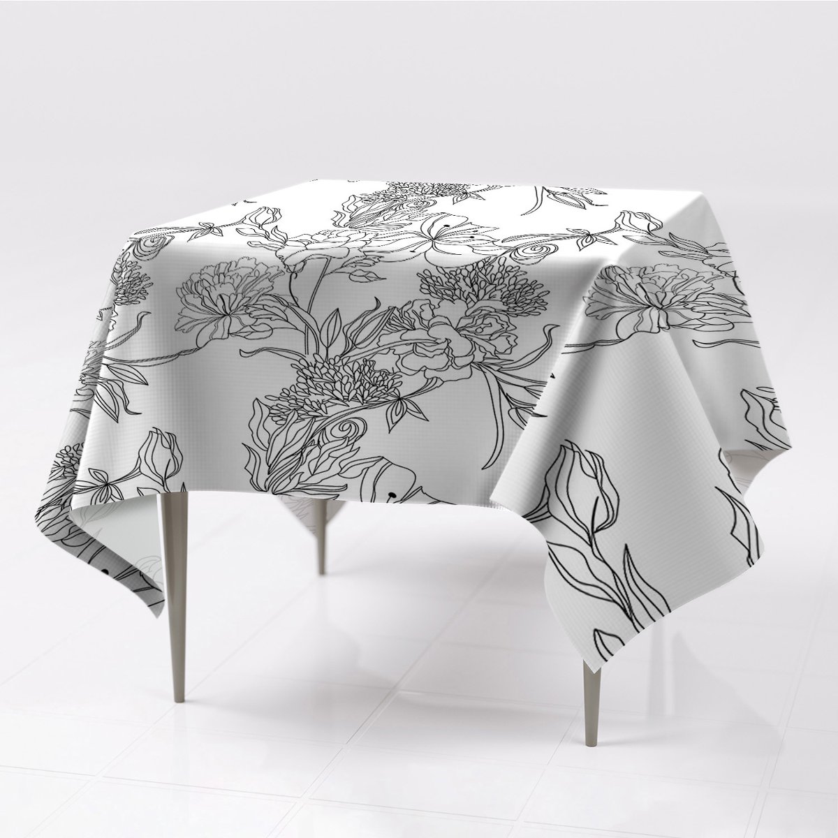 Różne kolory obrus delikatny Czarno-biały kwiaty, Fabricsy, 150x150 cm