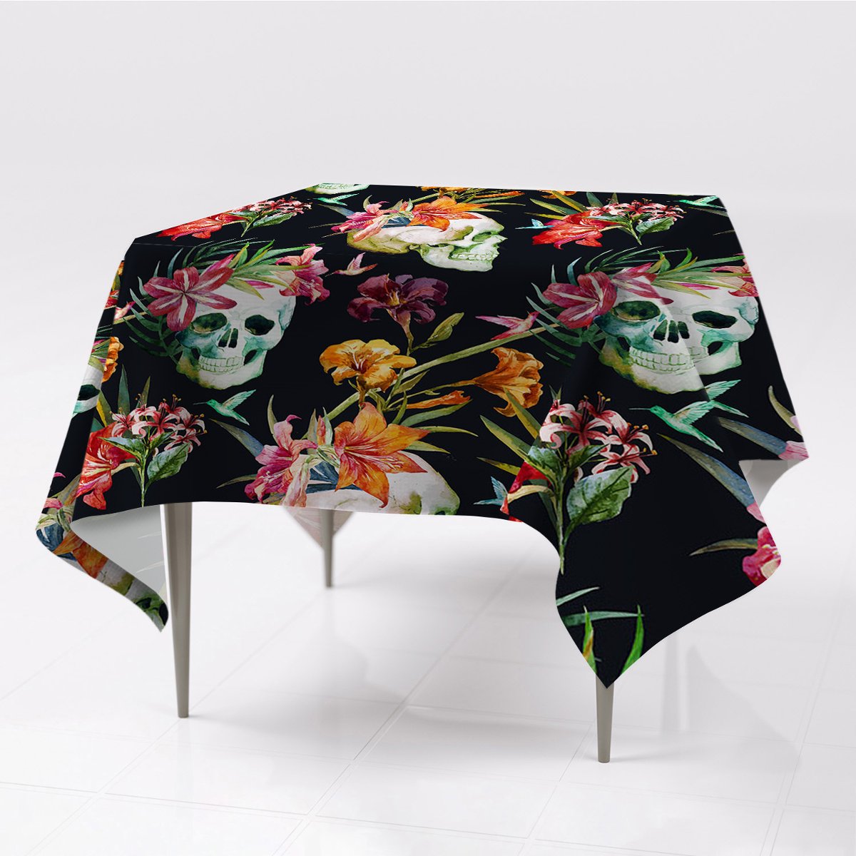 Obrusy na stół gładkie do salonu Czaszki i kwiaty, Fabricsy, 150x150 cm