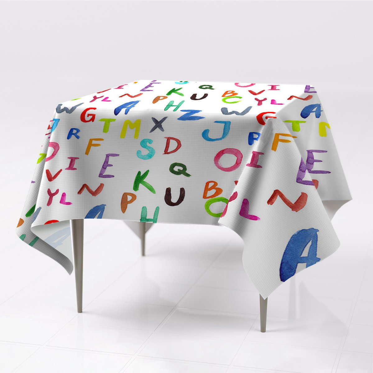 Do domu obrus na stół Kolorowe litery nadruk wzory, Fabricsy, 150x150 cm