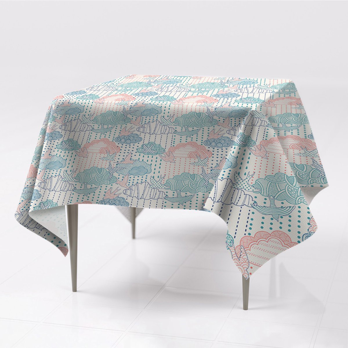 Kolorowy obrus na stół do kuchni Chmury i Kropki, Fabricsy, 150x150 cm