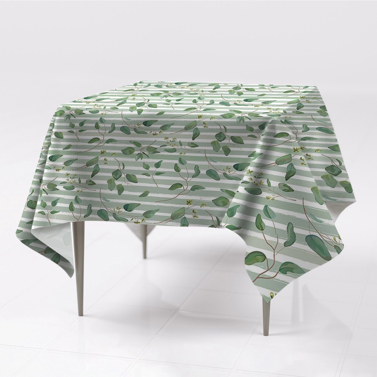 Gładki obrus na stół wzory Liście na pasiastym tle, Fabricsy, 150x150 cm