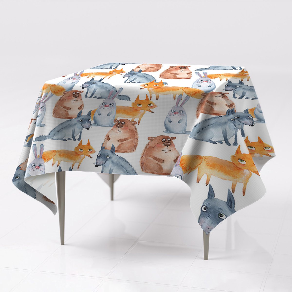 Ozdobny gładki obrus Zwierzaki nowoczesny 150x150, Fabricsy, 150x150 cm