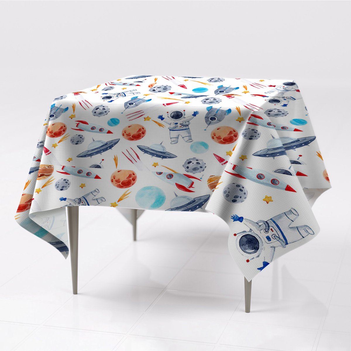 Ozdobny obrusy na stół kolory Astronauta ze wzorem, Fabricsy, 150x150 cm