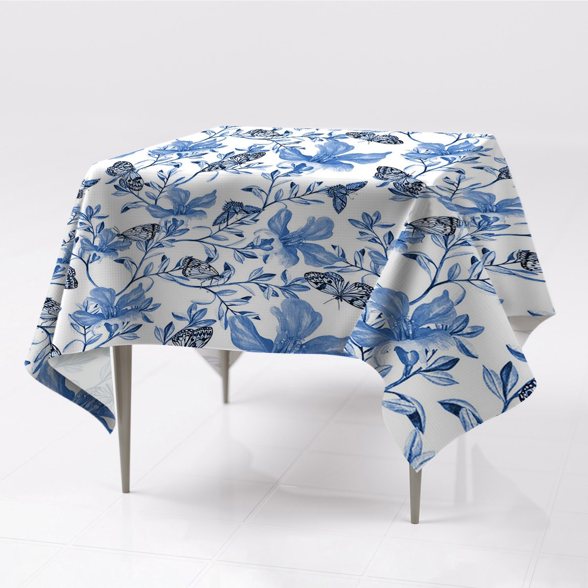 Nadruk obrus na stół gładki Błękitne kwiaty wzór, Fabricsy, 150x150 cm