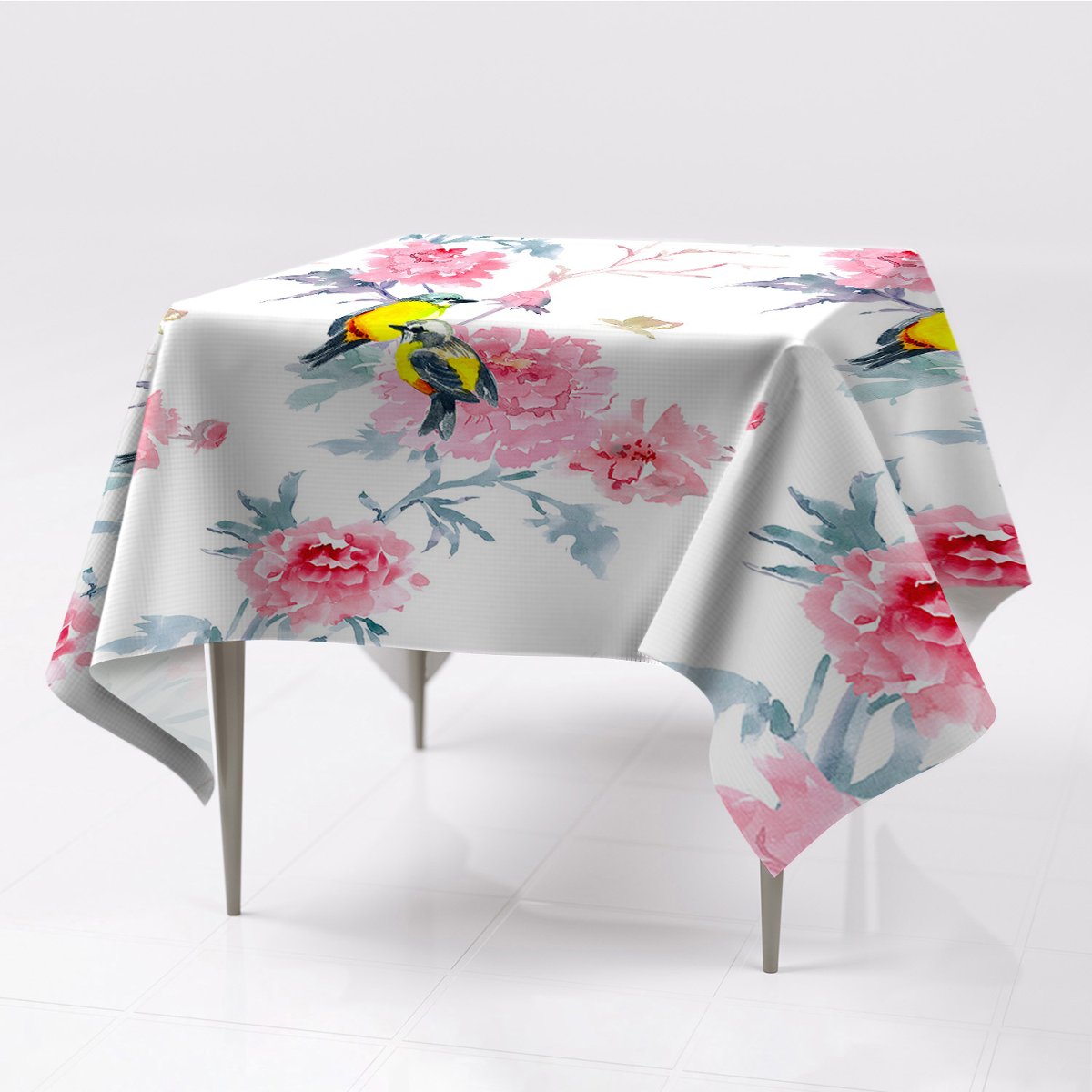 Kolorowe różne wzory obrus ozdobny Ptaki i kwiaty, Fabricsy, 150x150 cm