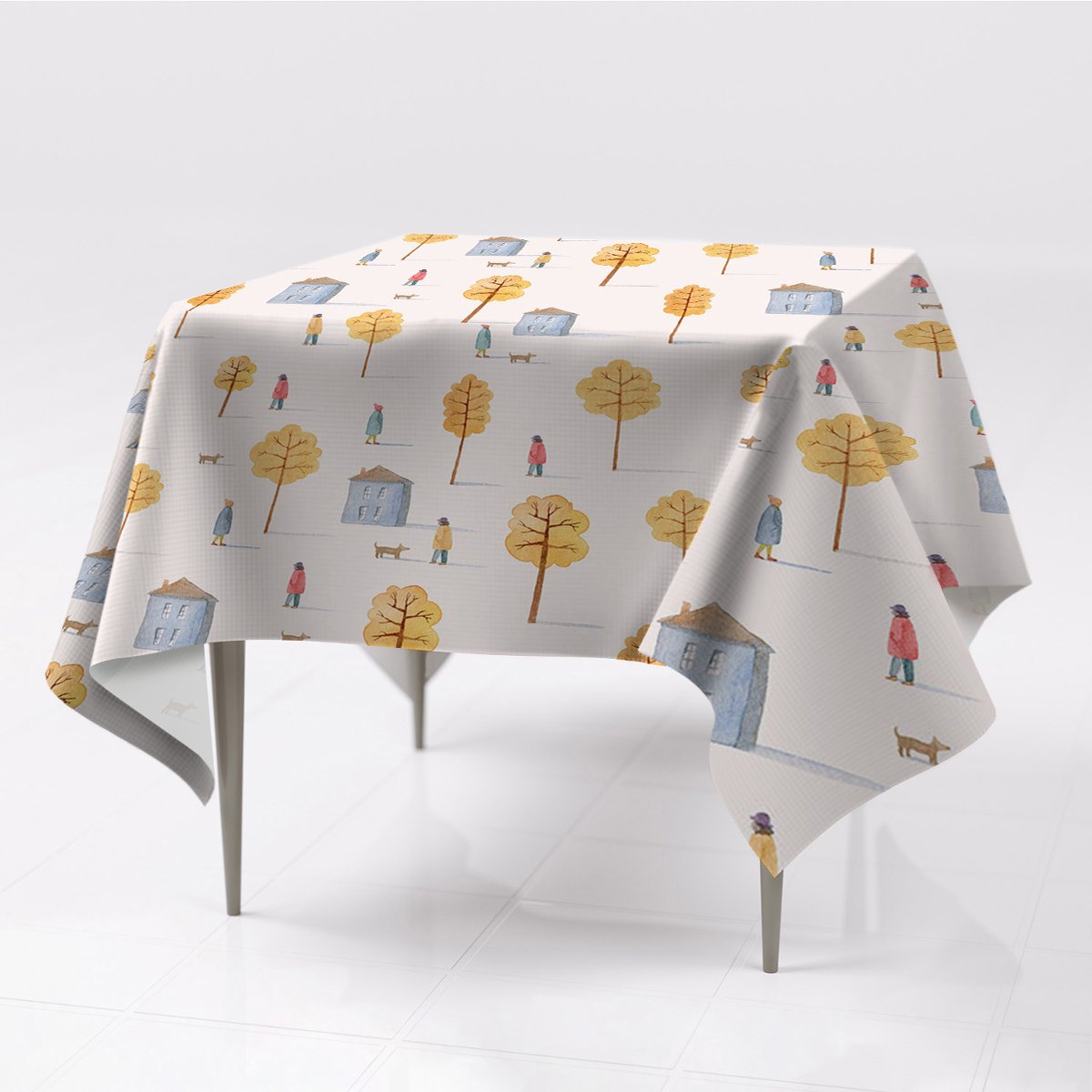 Kolorowy obrus na stół do wnętrz Domy wśród drzew, Fabricsy, 150x150 cm