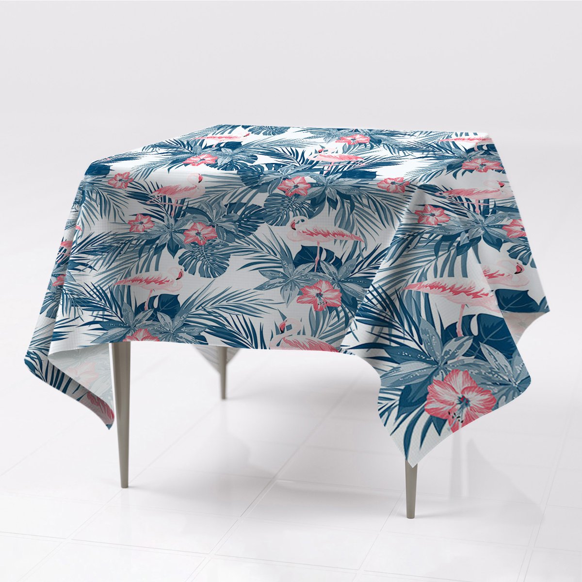 Kolorowy obrus na stół delikatny Flamingi i plamy, Fabricsy, 150x150 cm