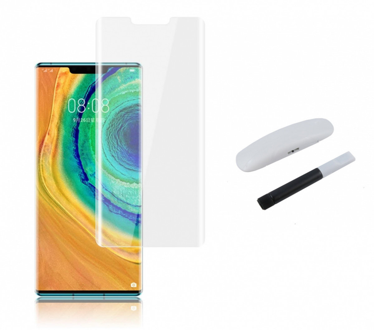 Szkło Hartowane Zaokrąglone UV do Huawei Mate 30 Pro + Lampa UV