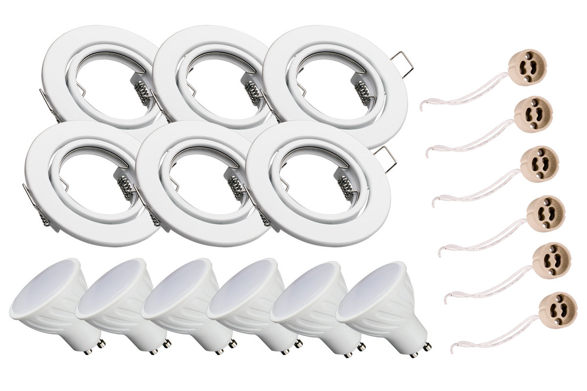 6x Zestaw oprawa okrągła biała  + GU10 8W ciepła + gniazdo przyłączeniowe GU10