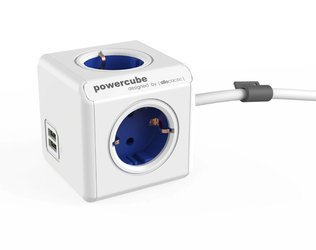 Allocacoc allocacoc PowerCube DuoUSB Extended niebieski EU, 4-gniazdkowy rozdzielacz z prądem ładowania USB 2,1 A, biało-niebieski 8718444086994