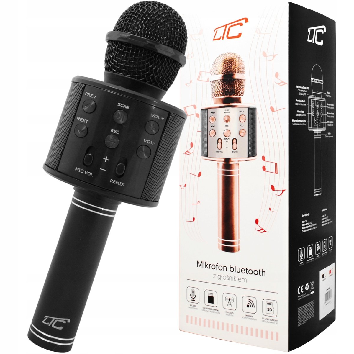 Mikrofon bluetooth LTC z wbudowanym głośnikiem, CZARNY.