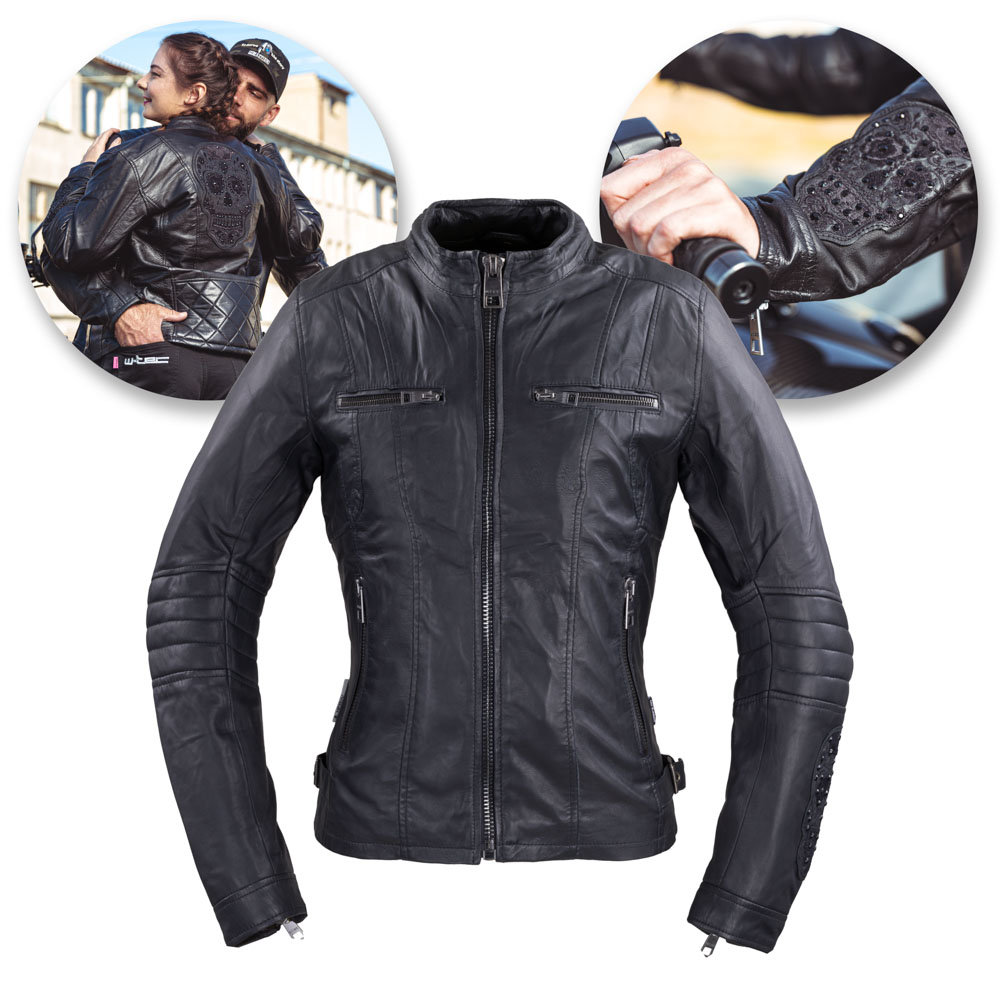 W-TEC Damska skórzana kurtka motocyklowa W-TEC Strass, czarny z dżetów, XXL 22782-XXL
