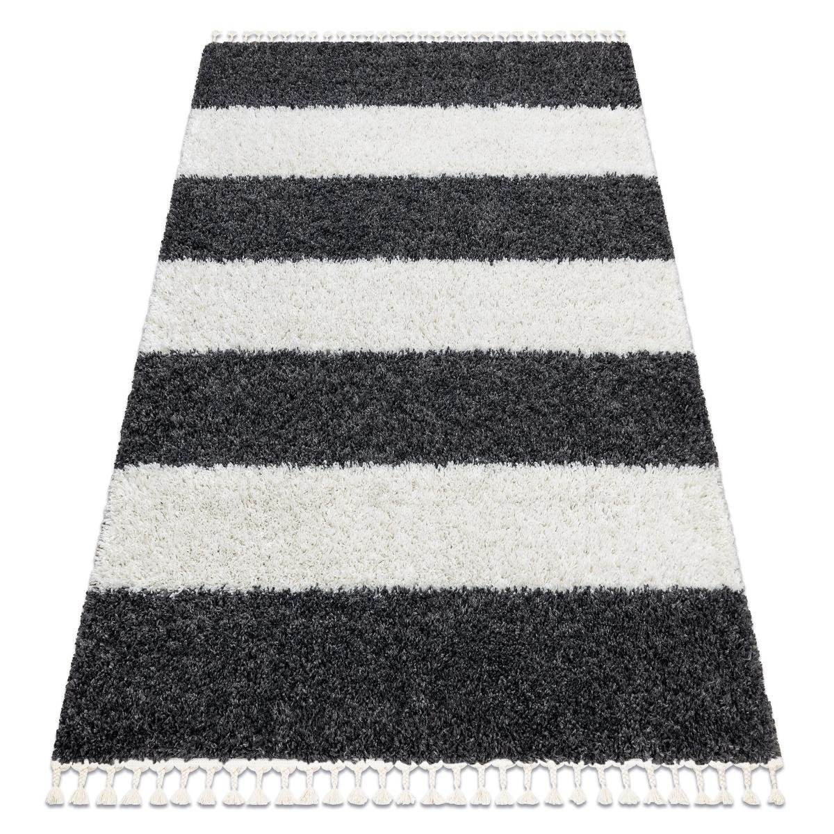 Dywan UNION 4079 Pasy szary / krem Frędzle berberyjski marokański shaggy, 140x190 cm