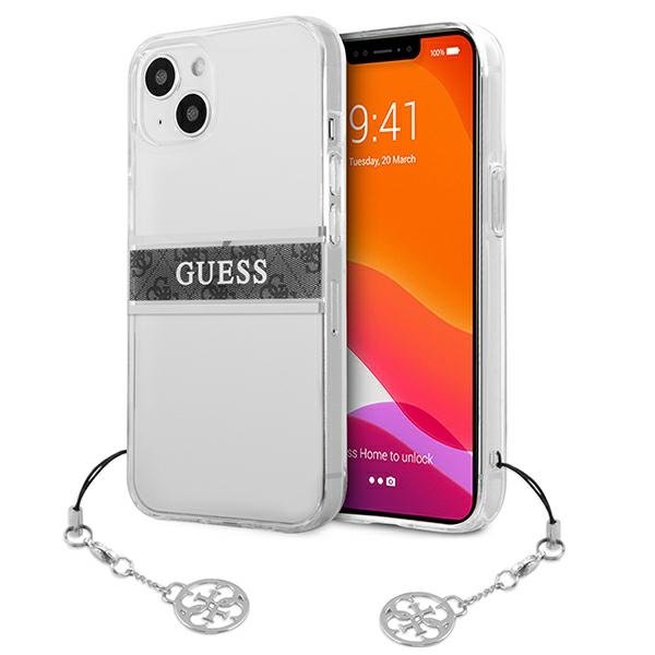 Guess 4G Stripe Grey Charm - Etui iPhone 13 mini przezroczysty GUHCP13SKB4GGR