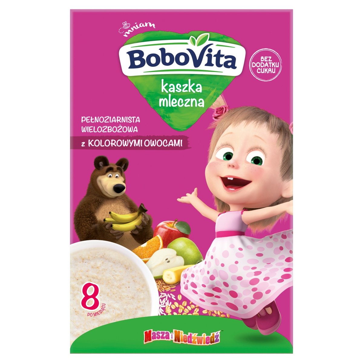 Nutricia BOBOVITA BoboVita Masha&Bear Kaszka mleczna pełnoziarnista wielozbożowa z kolorowymi owocami, po 8. miesiącu, 200g