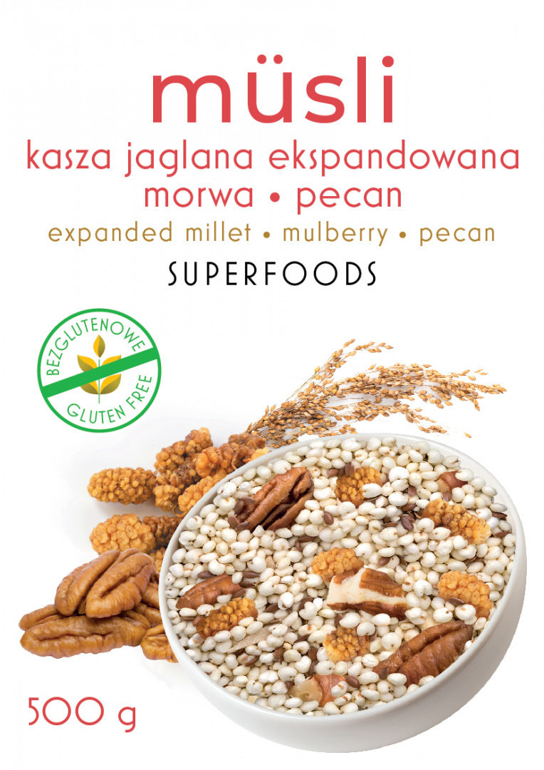 Musli bezglutenowe: kasza jaglana ekspandowana, orzech pekan oraz morwa biała, 500 g.